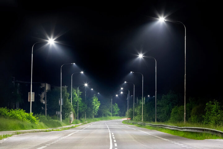 Bright lights above road deterring crime while limited light pollution