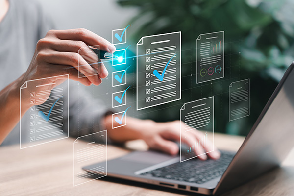 Document management Businesswomen checks electronic documents on digital documents on virtual screen