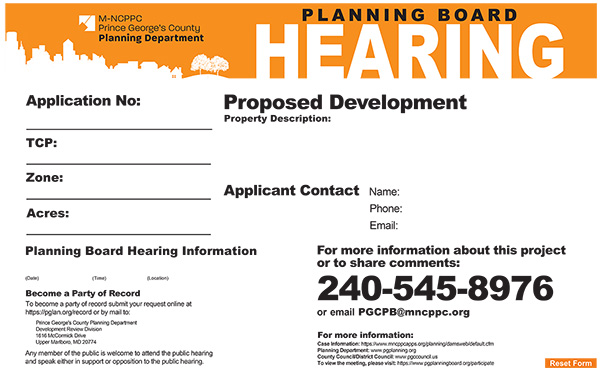 Sample sign for Planning Board Hearing.