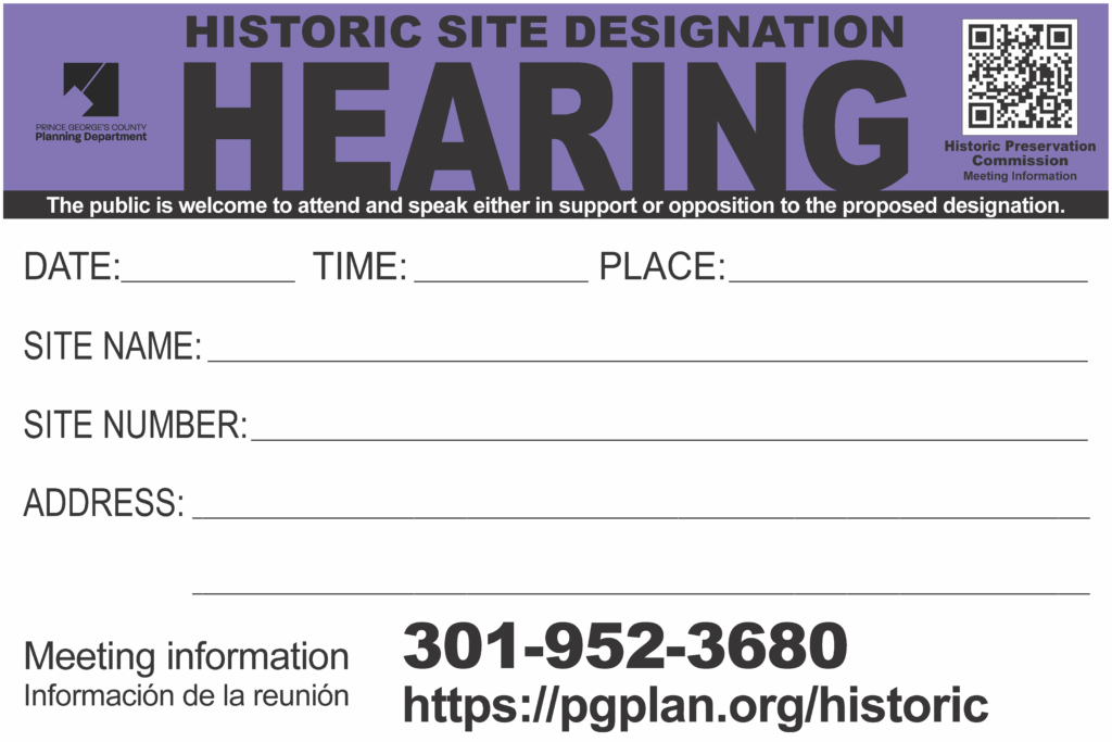 Sample sign for Historic Site Designation Hearing.
