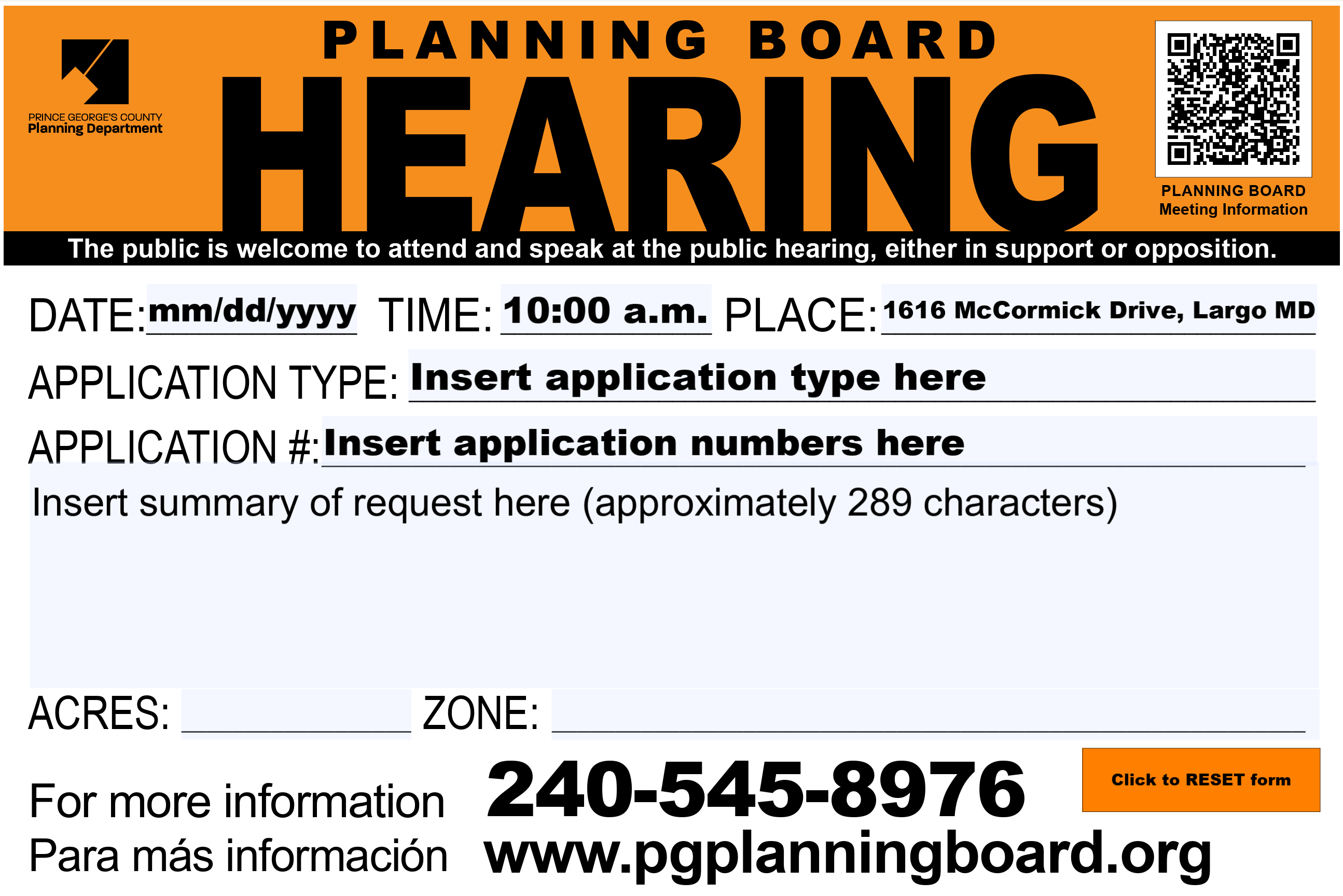 Sample sign for Planning Board Hearing.