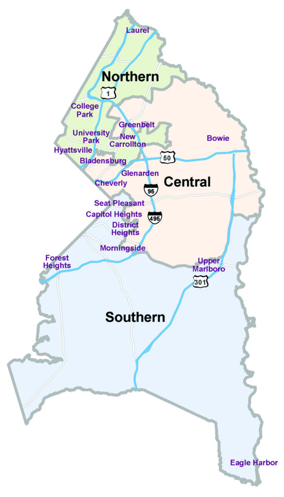 Map of Prince George's County showing the three regions—Northern, Central, and Southern