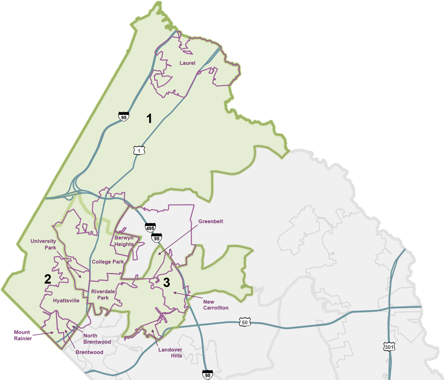 Regional Map of the Northern Region of Prince George's County, MD.