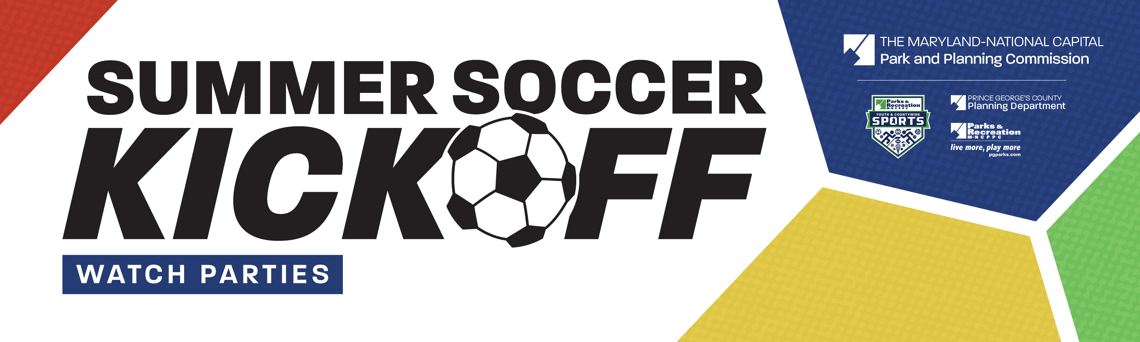 Text: World Cup Watch Parties with a soccer ball as the letter O in World, and hexagon graphic shapes in green, blue, yellow, and red to look like the text is a logo on a soccer ball.