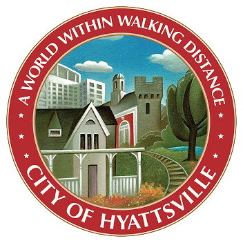 A red circle with a house, a castle, and a building in the center with the text, "A World Within Walking Distance, City of Hyattsville