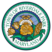A green circle with the text, "Town of Riverdale Park, Maryland" and a group of yellow flowers, the sun, and a butterfly.