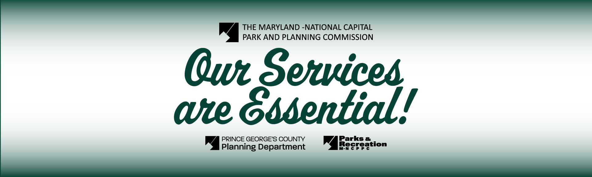 Our Services are Essential text across a green and white gradient background, along with logos for the Planning Department, and Department of Parks and Recreation.
