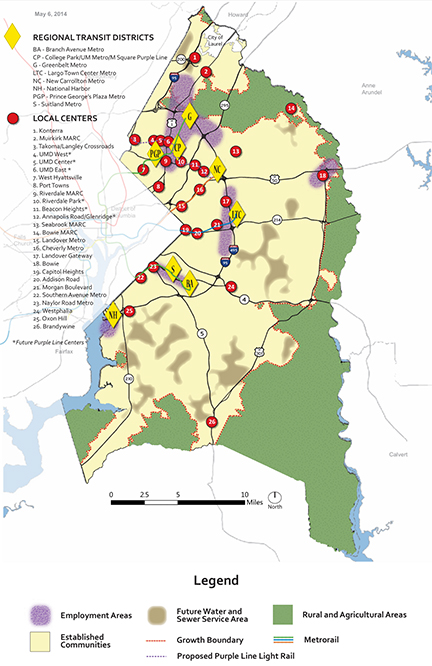 Growth Policy Map for Prince George's County, Maryland, from the Plan 2035 General Plan for the County. It includes Regional Transit Districts and Local Centers with major roads and waterways.