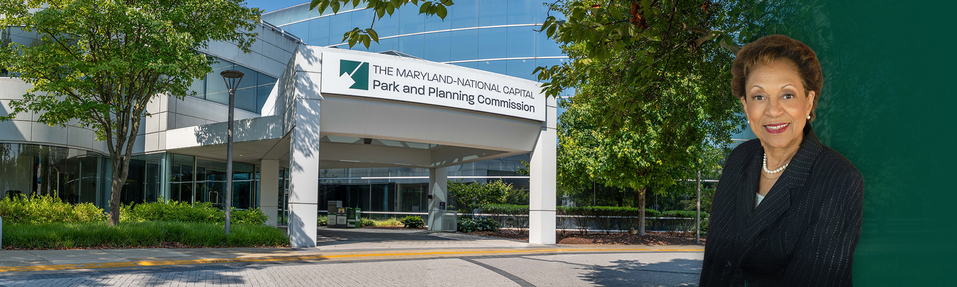 The front door of the Maryland-National Capital Park and Planning Commission and Commissioner Gloria Gary Lawlah.