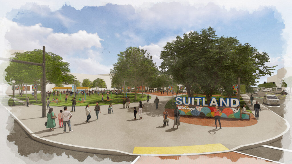 Concept rendering of the main entrance to Suitland Town Center showing the prominent 'Welcome to Suitland' gateway sign integrated into a landscaped civic plaza. The scene includes pedestrian walkways, lawn areas, recreational features, shade trees, and community members using the public space during daytime hours.