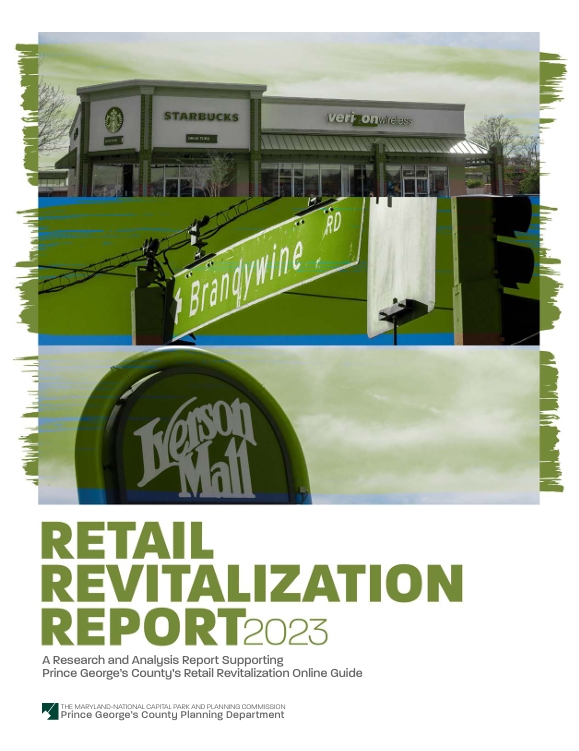 Cover of the Retail Revitalization Report 2023 featuring a collage of retail storefronts, a Brandywine Road street sign, and the Iverson Mall sign.
